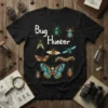 Bug Hunter t-shirt design featuring various colorful insects like butterflies, beetles, and a caterpillar
