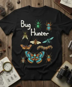 Bug Hunter t-shirt design featuring various colorful insects like butterflies, beetles, and a caterpillar