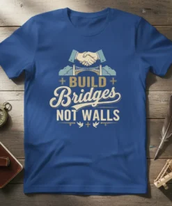 Build Bridges Not Walls t-shirt design with handshake, bridge graphic, and doves