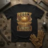 Black t-shirt with vintage gold design saying "Built 60 Years Ago All Parts Original And Most Still In Good Working