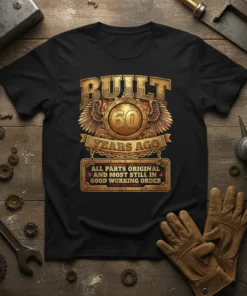 Black t-shirt with vintage gold design saying "Built 60 Years Ago All Parts Original And Most Still In Good Working