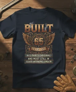 Built 65 Years Ago t-shirt design with vintage mechanic graphic and text "All Parts Original."