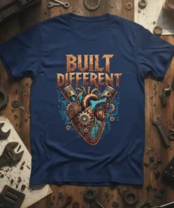 Built Different T-Shirt with steampunk mechanical heart graphic and pistons