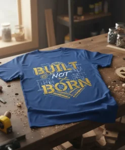 Built Not Born quote on a blue t-shirt with blueprint background and tools graphic