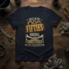 T-shirt with text "Built in the Fifties Original and Unrestored Some Parts Still in Working Order" in vintage distressed style
