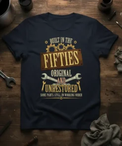T-shirt with text "Built in the Fifties Original and Unrestored Some Parts Still in Working Order" in vintage distressed style