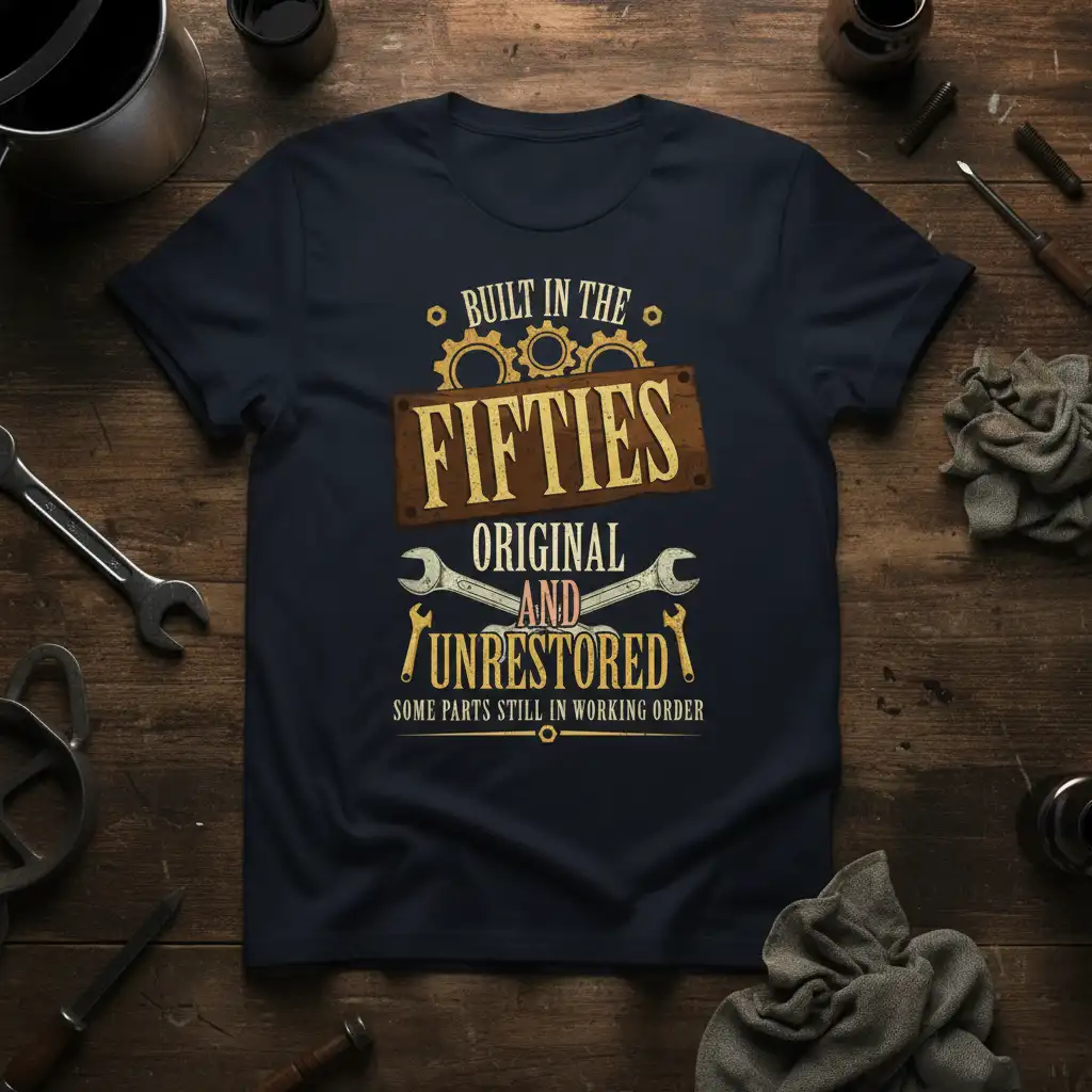 Built in the Fifties Original and Unrestored quote on a t-shirt with vintage mechanical graphics