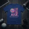 Bump Set Spike Repeat text design with a colorful volleyball graphic and net illustration on a navy blue t-shirt