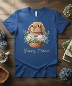 Bunny Mama t-shirt with a cute bunny in a basket surrounded by flowers, featuring gold text