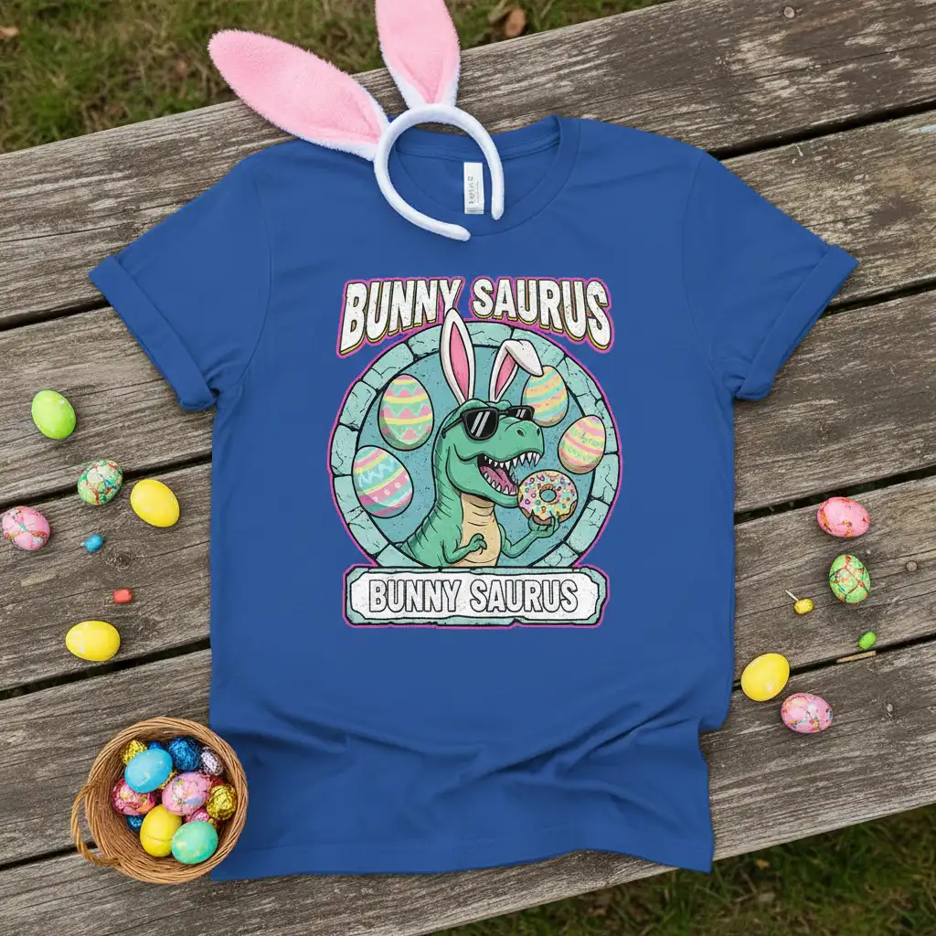 Bunny Saurus T-Shirt featuring a cartoon dinosaur with bunny ears holding a donut and Easter eggs