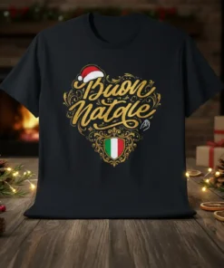 Buon Natale Italian Christmas T-Shirt with Santa hat and Italian flag crest