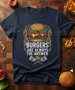 Burgers Are Always The Answer text with a double cheeseburger graphic on a navy t-shirt