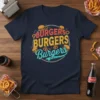 BURGERS BURGERS Burgers text design with illustrations of burgers and onion rings on a navy t-shirt