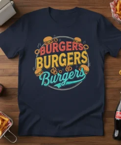BURGERS BURGERS Burgers text design with illustrations of burgers and onion rings on a navy t-shirt