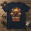 Burn Baby Burn T-Shirt featuring a smiling robot character with arms raised amidst flames, with smaller flame characters beside it