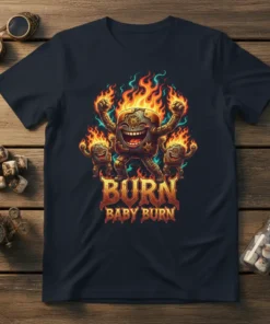 Burn Baby Burn T-Shirt featuring a smiling robot character with arms raised amidst flames, with smaller flame characters beside it