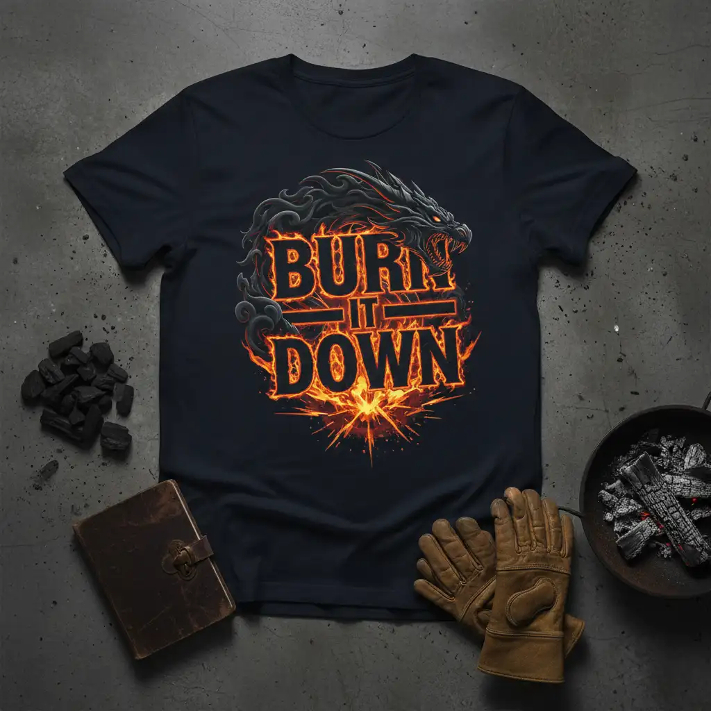 Burn It Down dragon graphic with fiery text, symbolizing intensity and power on a t-shirt