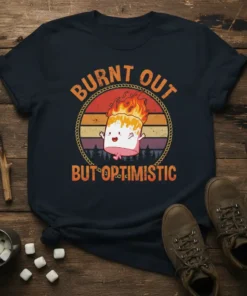 Burnt Out But Optimistic text with a flaming marshmallow graphic on a dark t-shirt