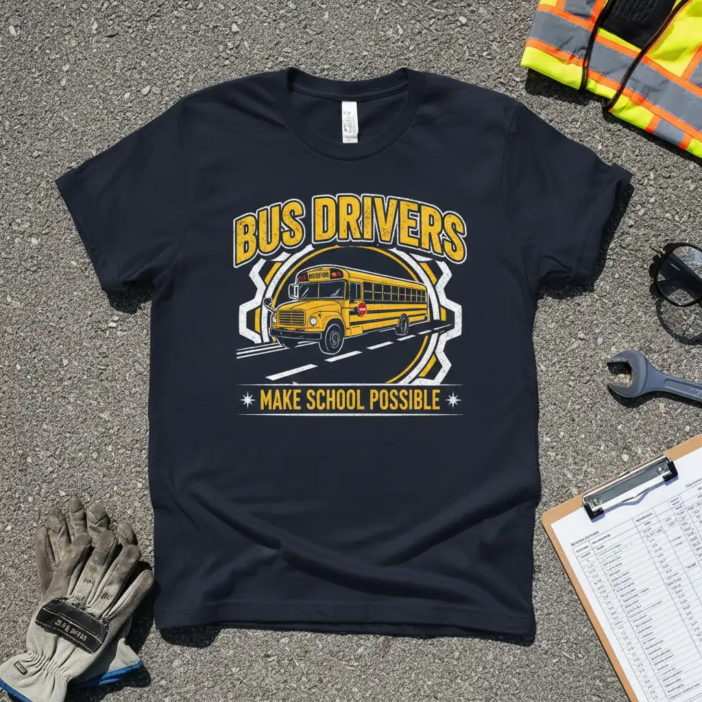 Bus Drivers Make School Possible quote and illustration on a navy blue t-shirt