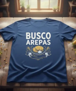 Navy blue t-shirt with "BUSCO AREPAS" in white distressed text and a graphic of arepas on a plate
