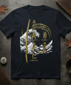 Bushido Code Samurai Values text design featuring bold typography on quality t-shirt