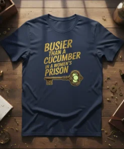 Busier Than a Cucumber in a Women's Prison humorous quote t-shirt with gold distressed text and a vintage key graphic