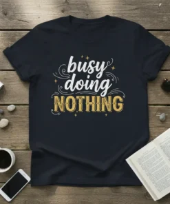 Busy doing NOTHING quote on a black t-shirt with white and gold distressed typography