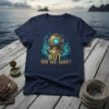 But Did We Sink? t-shirt with vintage gold diver helmet graphic and teal underwater accents