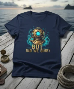But Did We Sink? t-shirt with vintage gold diver helmet graphic and teal underwater accents