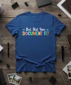 But Did You DOCUMENT IT? quote in colorful typography on a royal blue t-shirt
