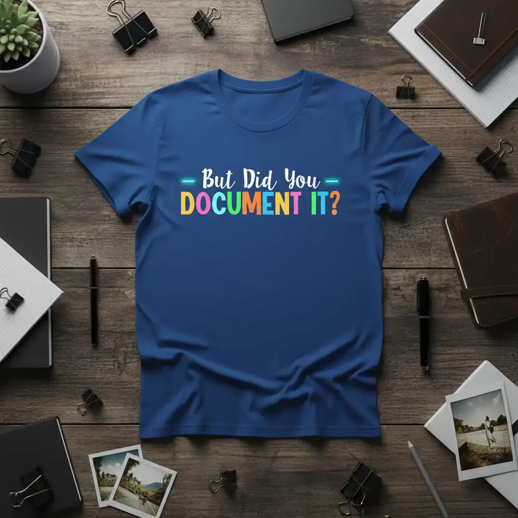 But Did You DOCUMENT IT? quote on royal blue t-shirt, colorful text, office humor design