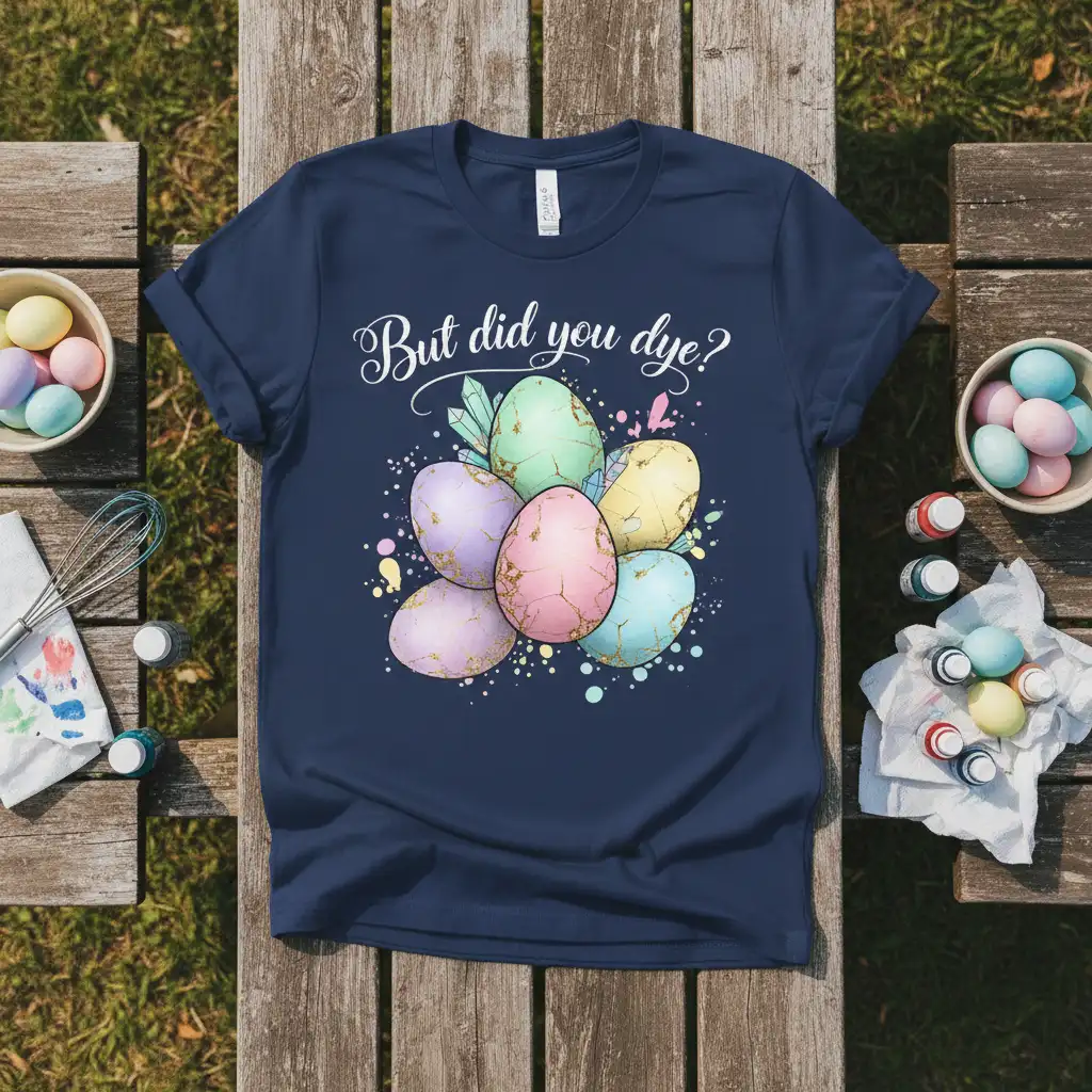 But did you dye? humorous Easter quote with pastel painted eggs and glitter detail on t-shirt