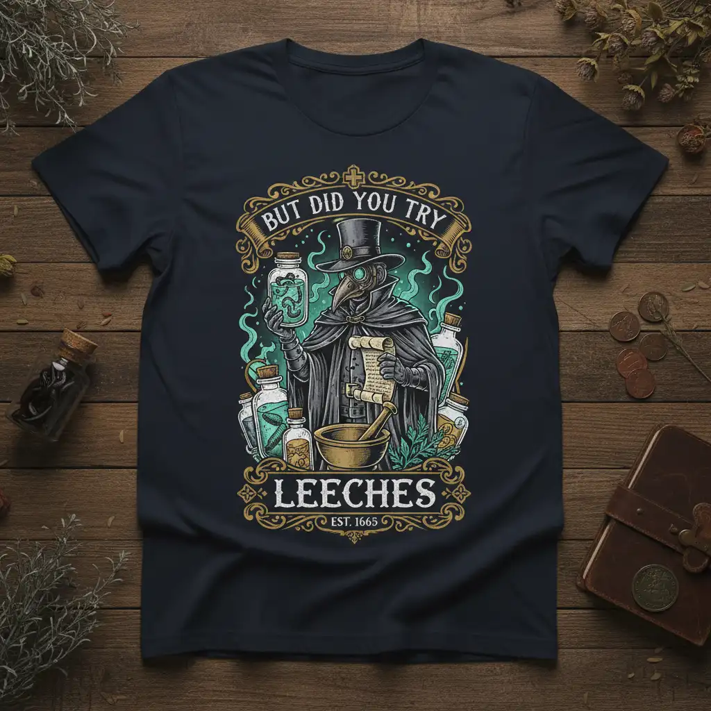 But Did You Try Leeches quote on a vintage plague doctor t-shirt design with apothecary bottles