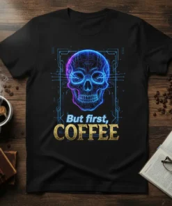 But first, COFFEE text with a neon blue and purple skull graphic on a black t-shirt