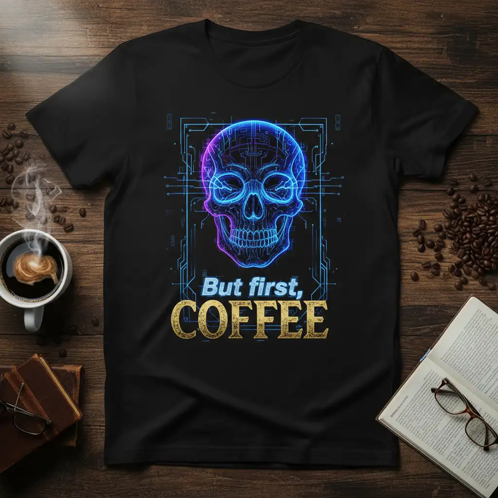 But first, COFFEE text with a neon skull graphic on a black t-shirt, perfect for coffee lovers