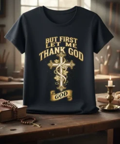 Black t-shirt with gold text "BUT FIRST LET ME THANK GOD" above a decorative cross with grapes and a banner