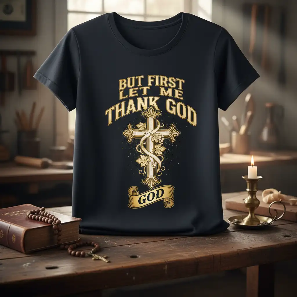 But First Let Me Thank God quote on black t-shirt with ornate cross and banner