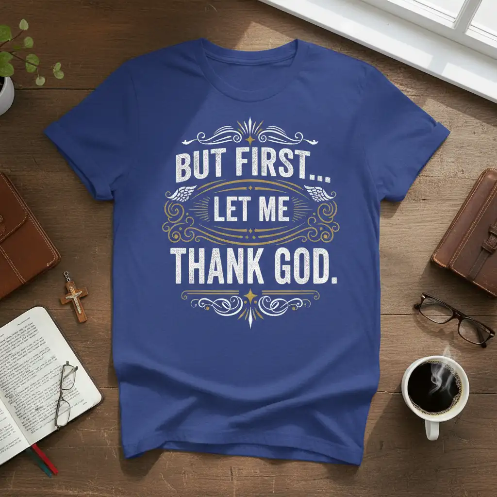 BUT FIRST... LET ME THANK GOD. stylish graphic printed on comfortable cotton fabric creating a standout t-shirt