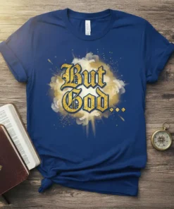 But God... quote t-shirt with golden Gothic-style lettering and a burst of light and clouds graphic
