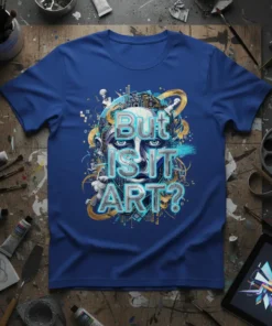 Blue t-shirt with the text "But IS IT ART?" in large, stylized font and a complex, abstract face graphic