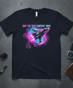 But The Text Content 100% t-shirt with a futuristic rocket ship design and neon hearts in space