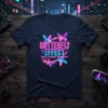 Neon Butterfly Effect Small Change Big Impact quote on a navy blue t-shirt
