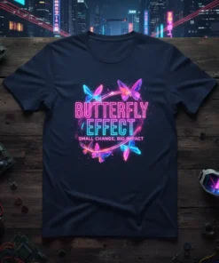 Neon Butterfly Effect Small Change Big Impact quote on a navy blue t-shirt