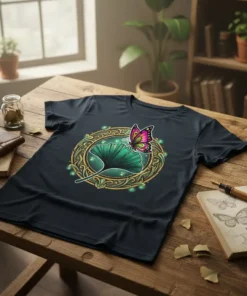 Dark t-shirt features a circular Butterfly Ginkgo Leaf Art design with a green ginkgo leaf and a colorful butterfly