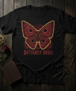 Black t-shirt with a red and gold Butterfly Skull design, featuring gears and steampunk elements