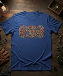 Buttfingerer text design with ornate gold and red border on a blue t-shirt, perfect for mechanics and auto repair humor