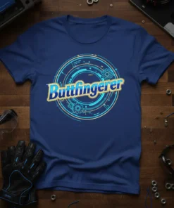 Buttfingerer text in a circular tech-themed graphic, displayed on a navy blue t-shirt