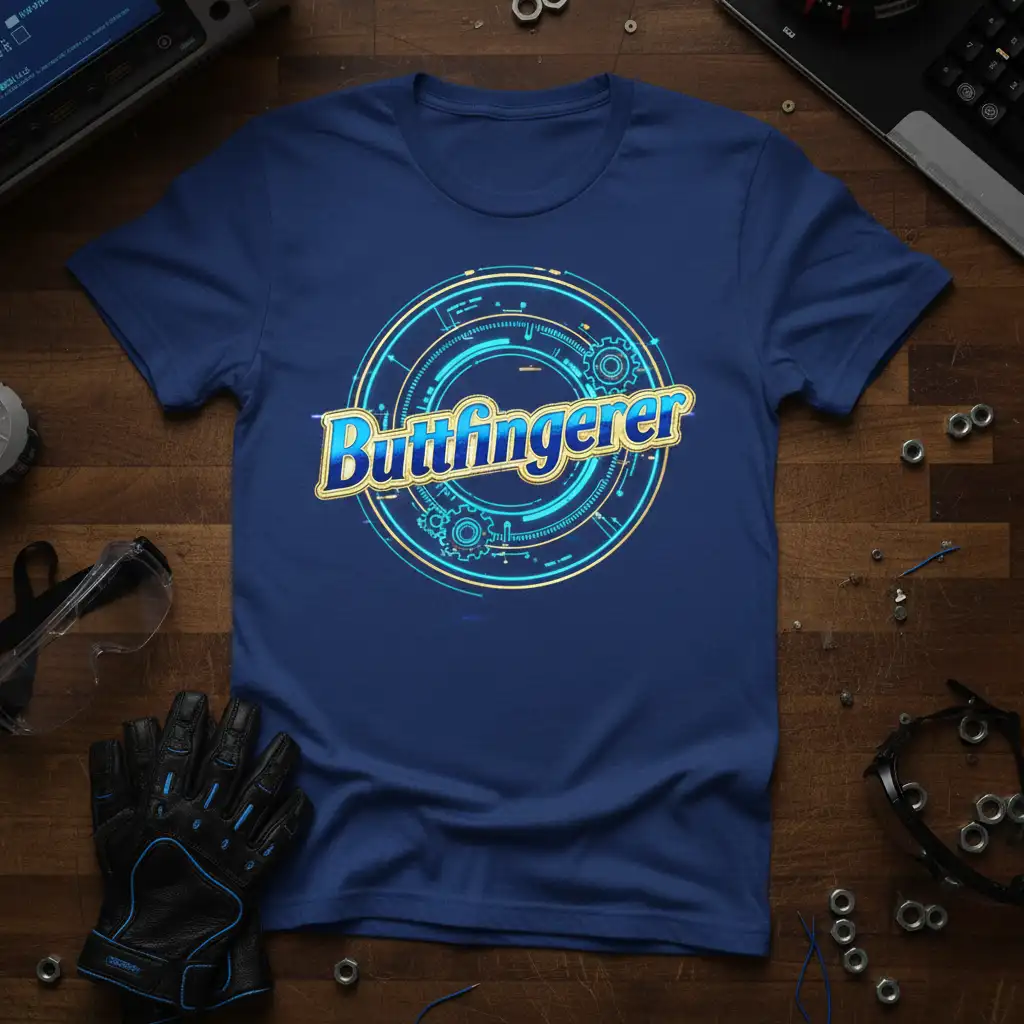Buttfingerer humorous quote in a circular futuristic tech design on a navy blue t-shirt