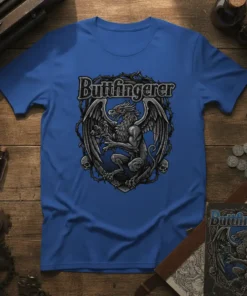 Buttfingerer gothic t-shirt design featuring a detailed mythical beast within a thorny frame, with skulls