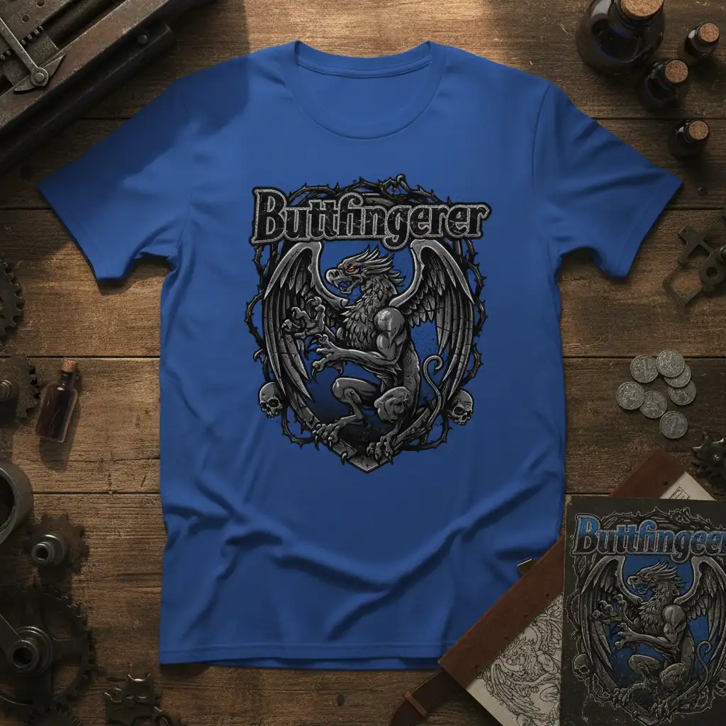 Buttfingerer gothic creature design on a royal blue t-shirt, featuring detailed artwork and bold typography